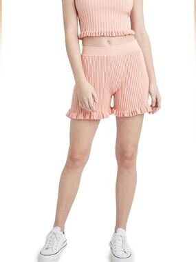 BCBGeneration Women’s Ribbed Knit Ruffle Hem Shorts in Apricot Blush (D) NWT